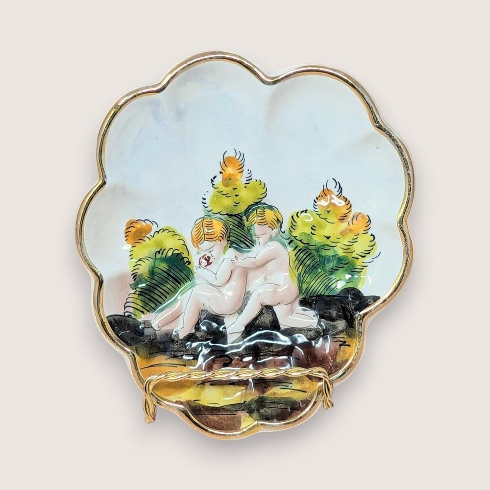 1960s Capodimonte Trinket Dish Italian Cherub Relief Gold Trim